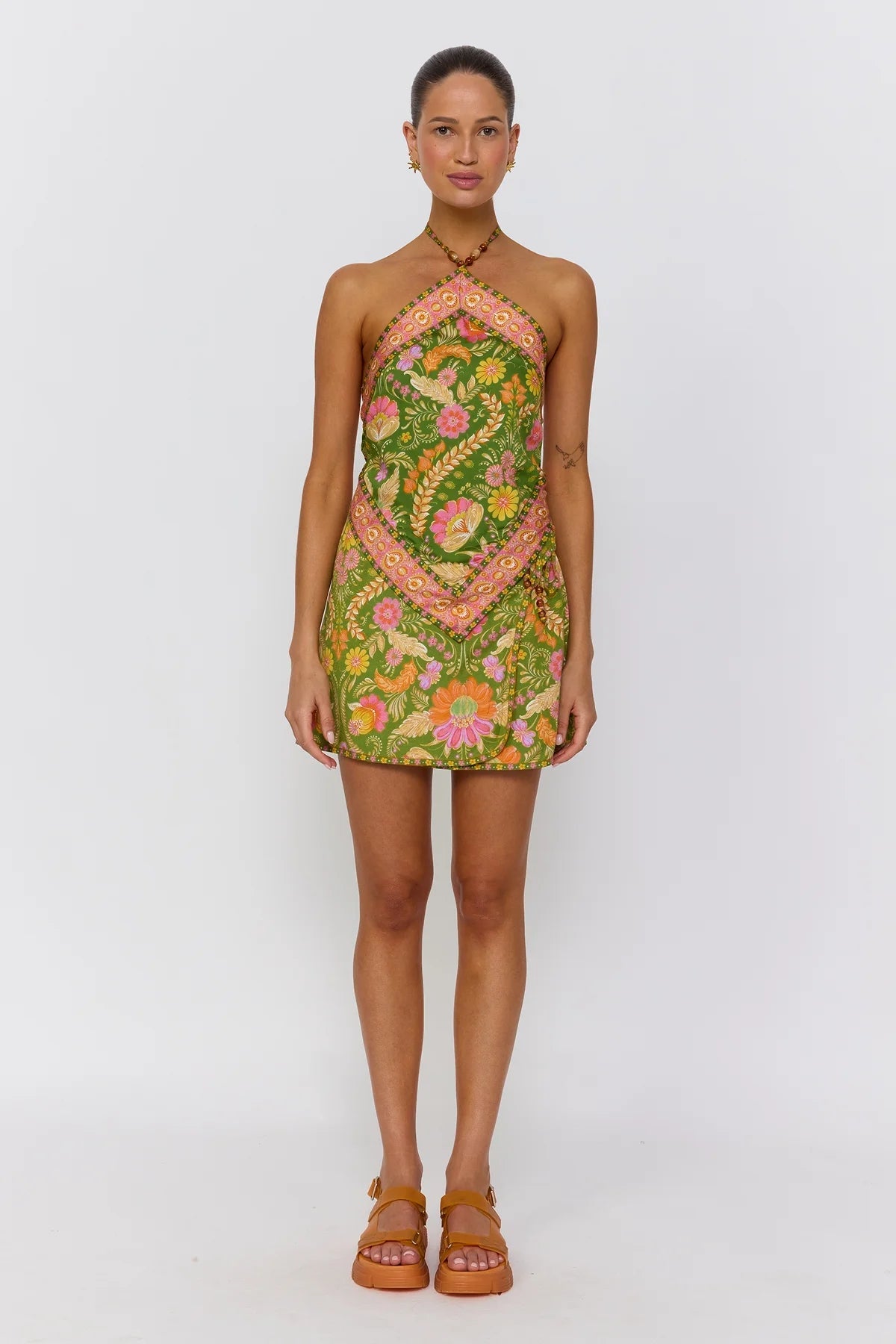 Maison mini skirt guava showing full print placement and lace-up details