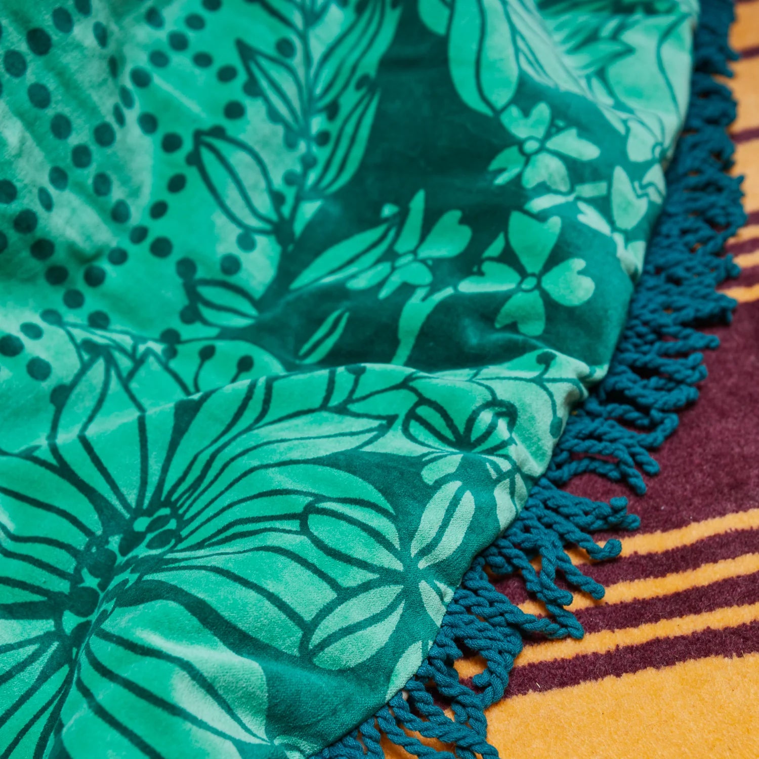 Green velvet floral blanket in boho style
