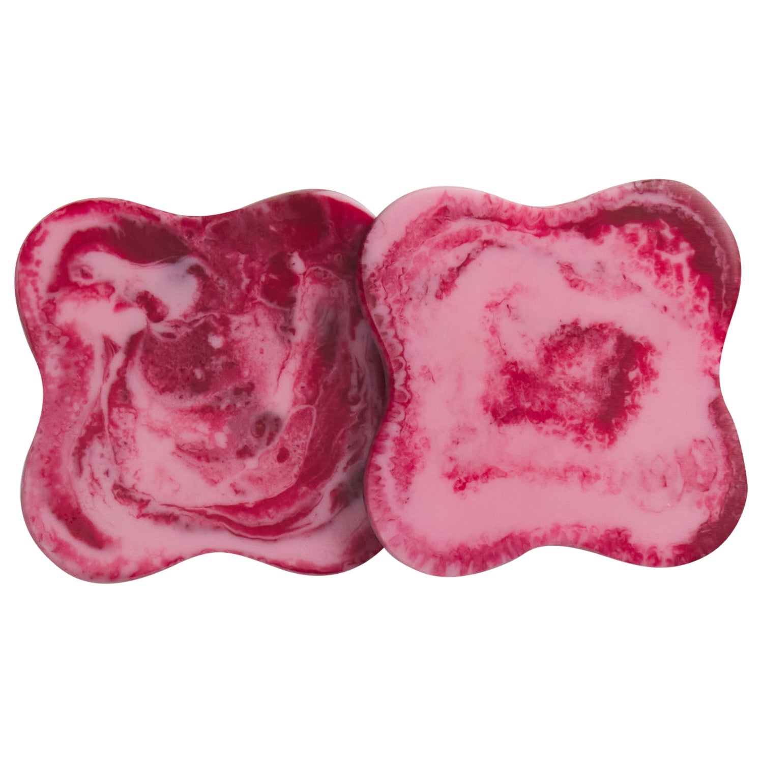 Set of 2 crimson marbled resin coasters with curved square shape, pink and deep red swirl pattern, top view