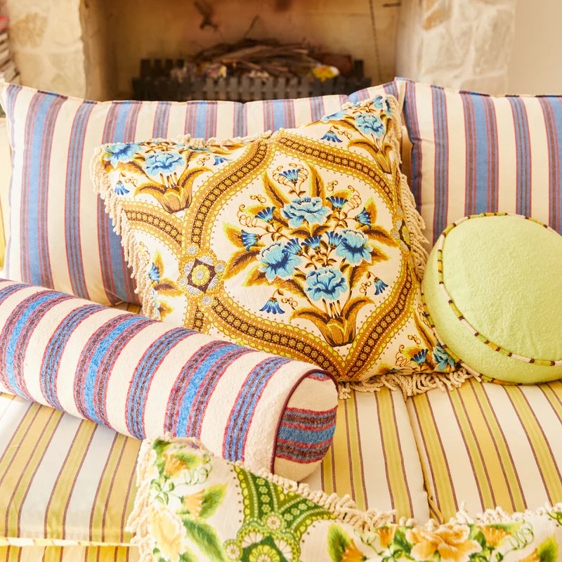 Margaret Fringe Cushion - Clay by Sage & Clare - yellow and blue retro floral pattern