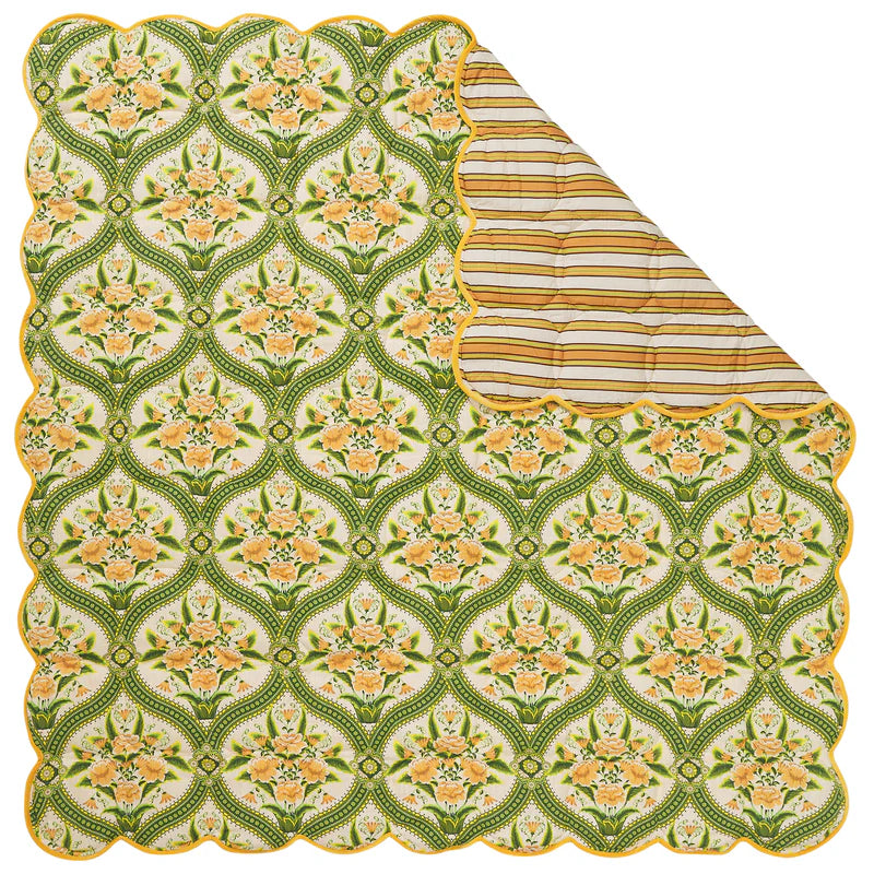 Floral geometric pattern on the Margaret Scalloped Coverlet by Sage & Clare
