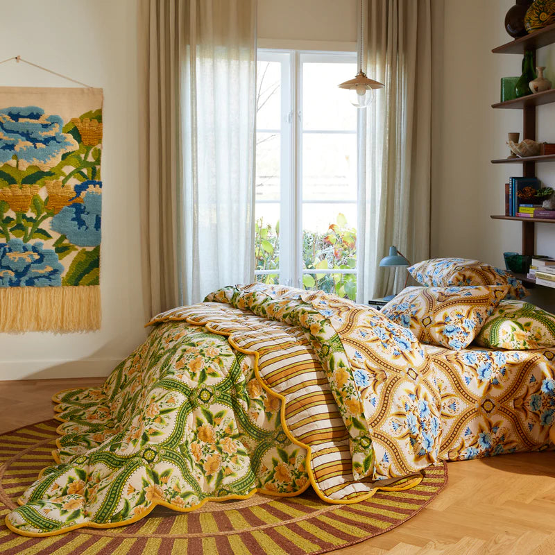 Retro cotton bedspread with green and yellow floral design - Margaret Scalloped Coverlet by Sage & Clare