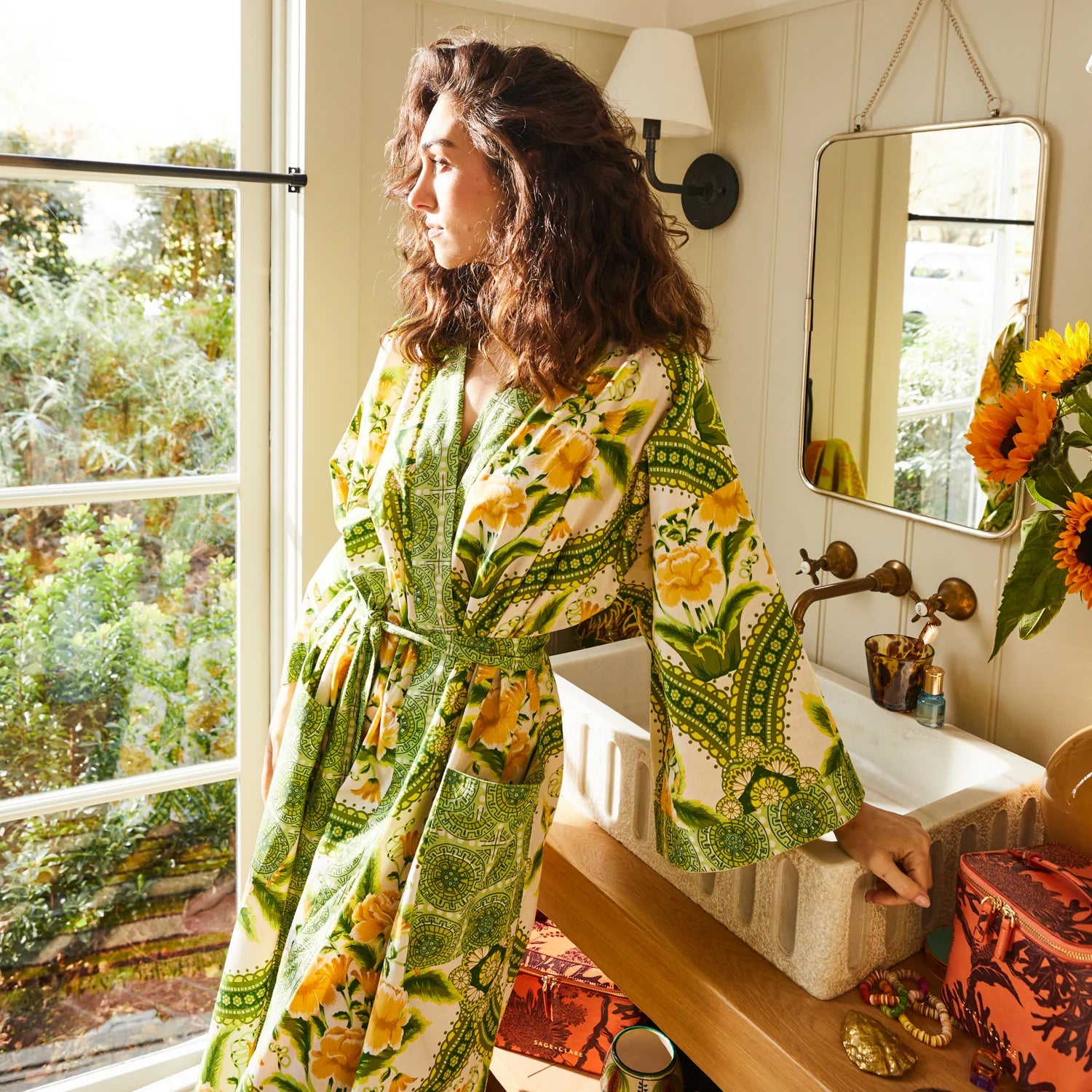 model wearing the organic cotton Margaret Cotton Robe by Sage & Clare