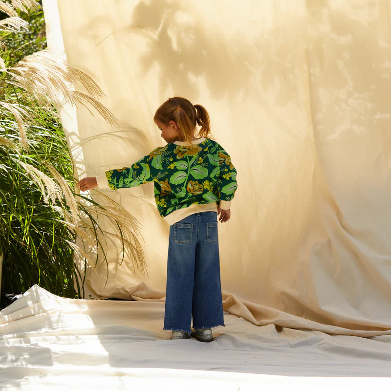 Kids green and yellow floral sweater made from organic cotton
