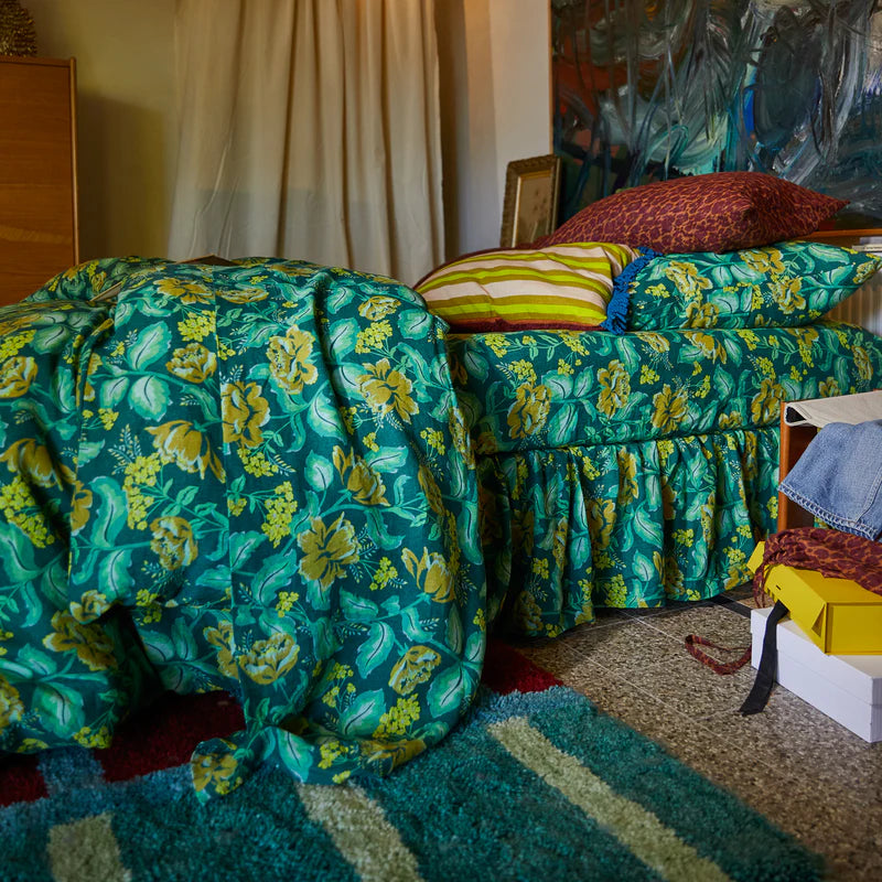 bed setup with Margot Linen Quilt Cover Forest by Sage & Clare and valance