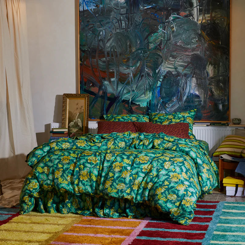 Bed spread with Green and yellow floral Margot Linen Quilt Cover Forest by Sage & Clare