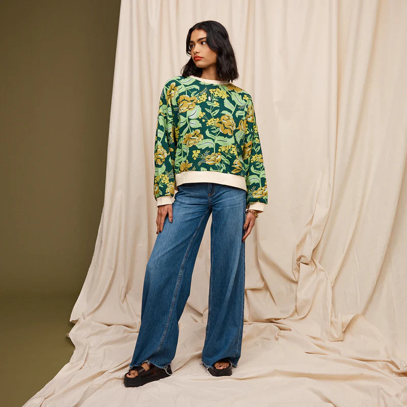 Margot Sweater by Sage & Clare made from organic cotton and featuring a green and yellow floral design