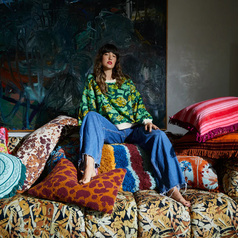 organic cotton sweater with floral print in green and yellow