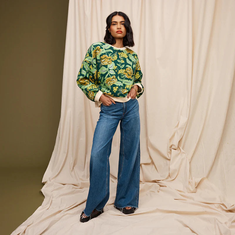 Margot Sweater by Sage & Clare with white ribbing around neck and sleeve cuffs and waist