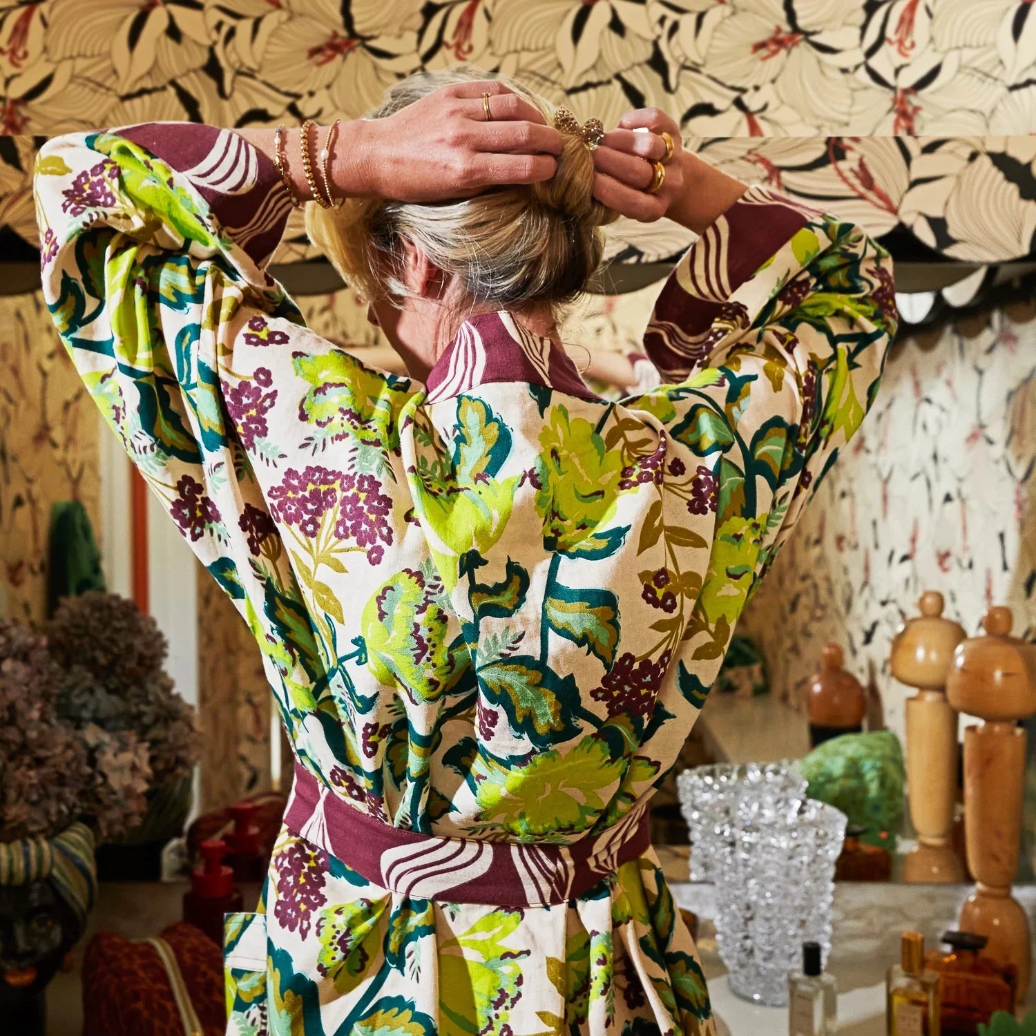 brown and green floral robe by Sage & Clare