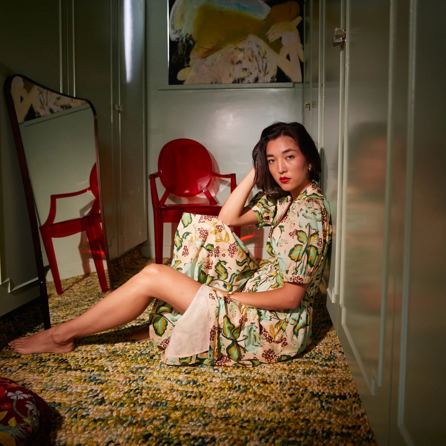 model wearing Margot Dress with floral pattern by Sage and Clare