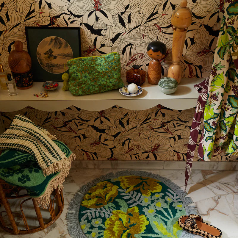 round retro floral bath mat made from organic cotton