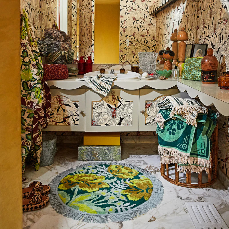 Margot round bath mat by Sage & Clare displayed in bath room