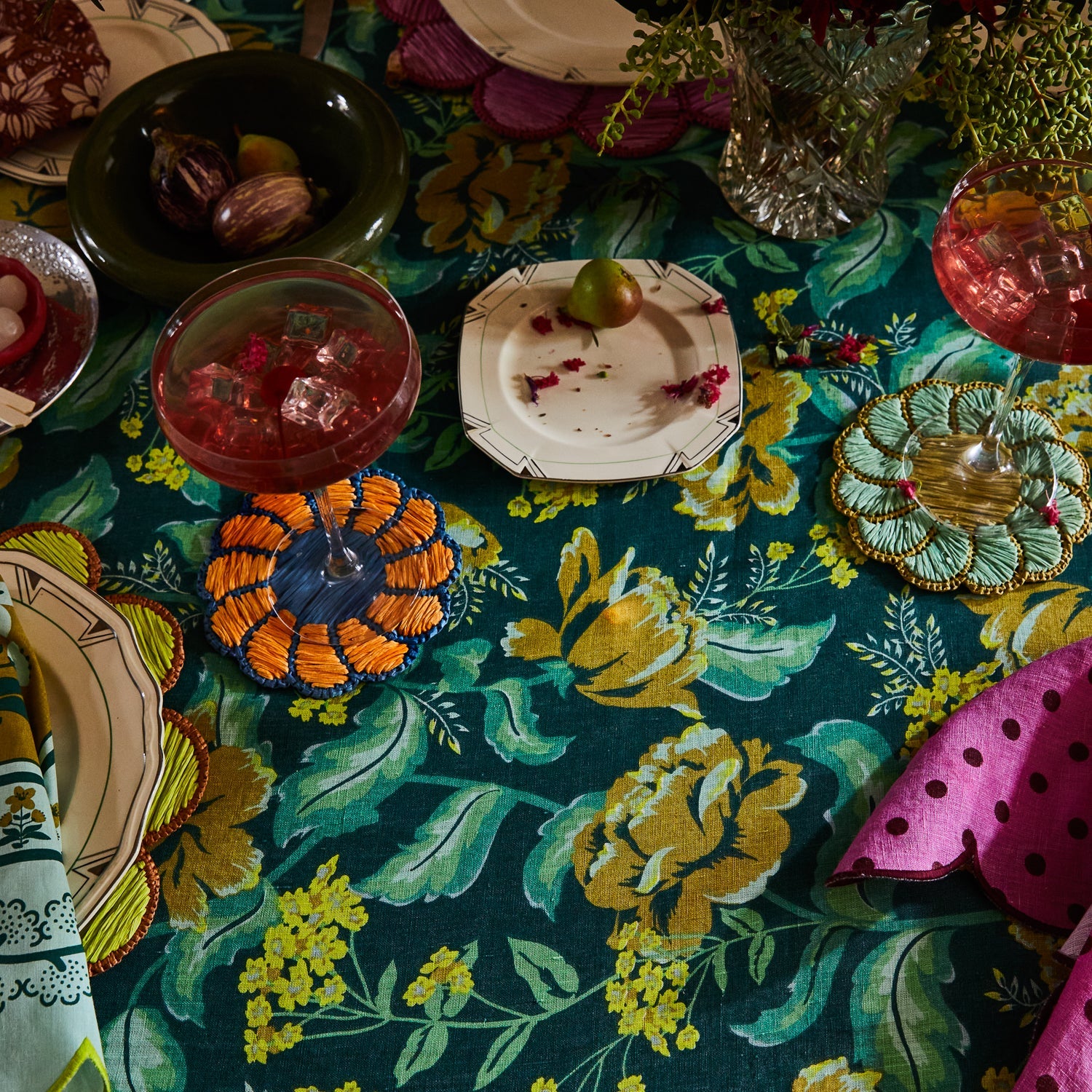 Beautiful green table setting with Margot Tablecloth Forest by Sage and Clare