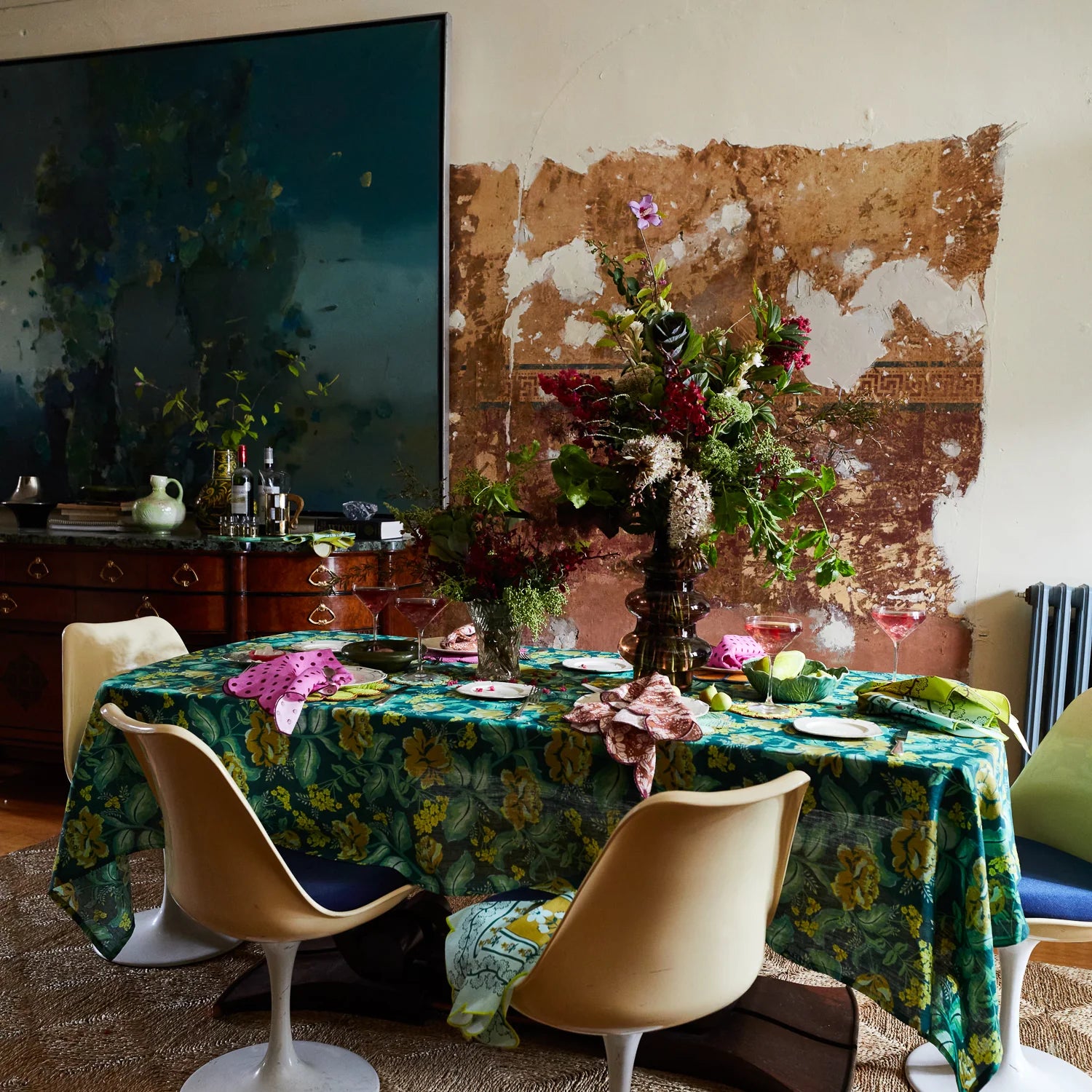 stunning table setting display with green and yellow floral linen tablecloth - Margot by Sage & Clare