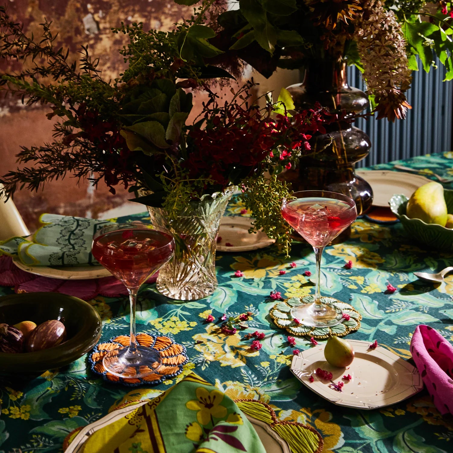 Green and yellow floral tablecloth details - Margot by Sage & Clare