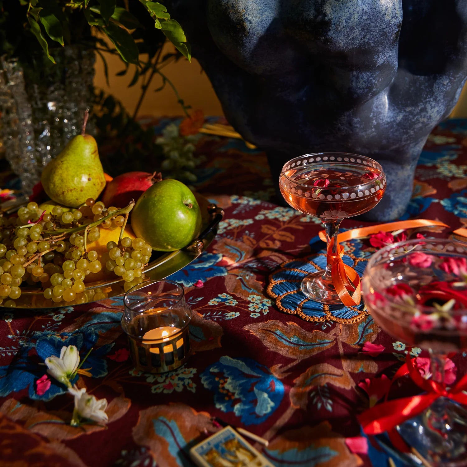Retro brown and blue floral tablecloth made from Linen