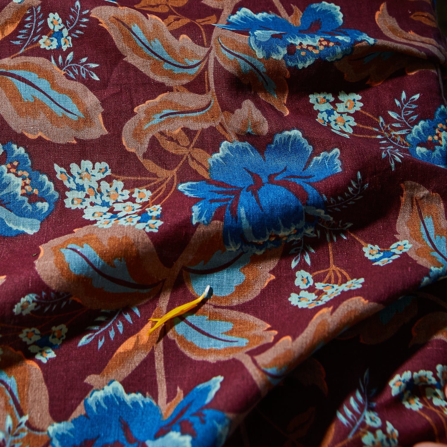 Brown and Blue floral linen tablecloth fabric details - by Sage & Clare