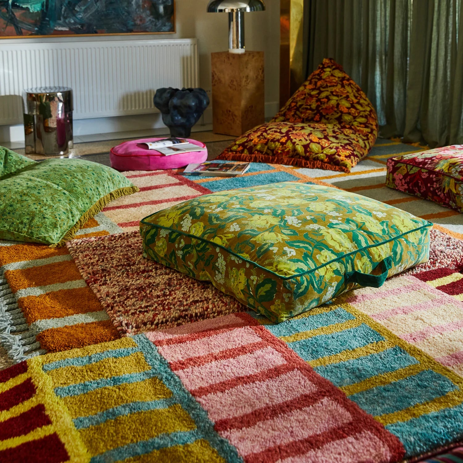 Margot velvet floor cushion by Sage & Clare - khaki velvet with green floral design