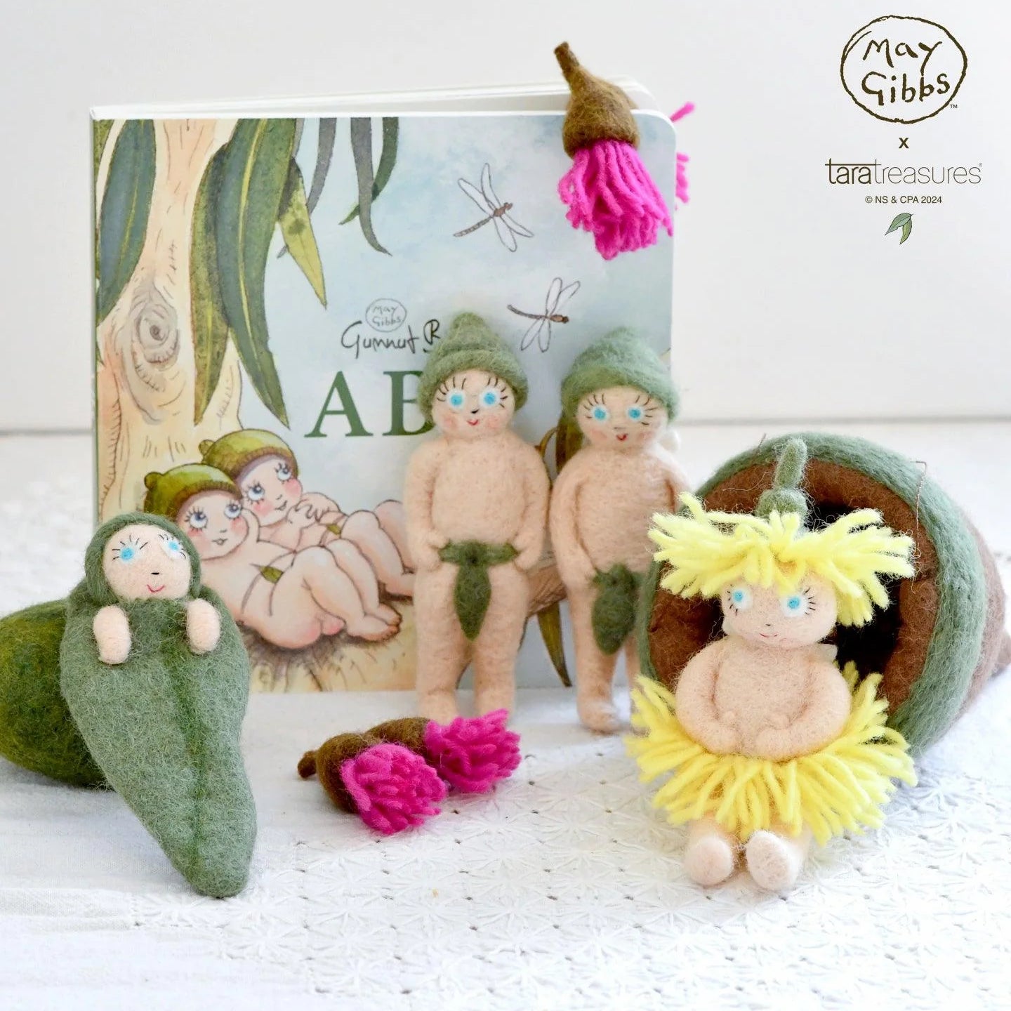 All of the gumnut babies of the May Gibbs x Tara Treasures hand-felted collaboration