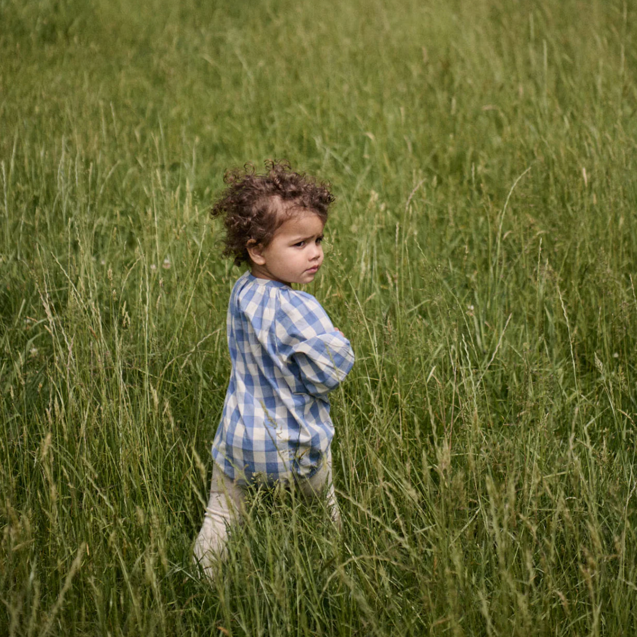 Back view of young child in the Meadow Bodysuit Gingham - Bluebelle Check | Nature Baby
