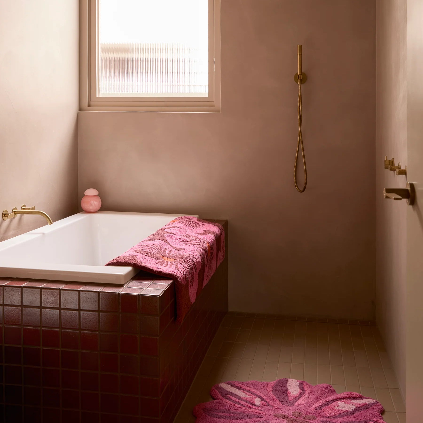 pink and burgundy flower shaped bath mat by Bonnie & Neil