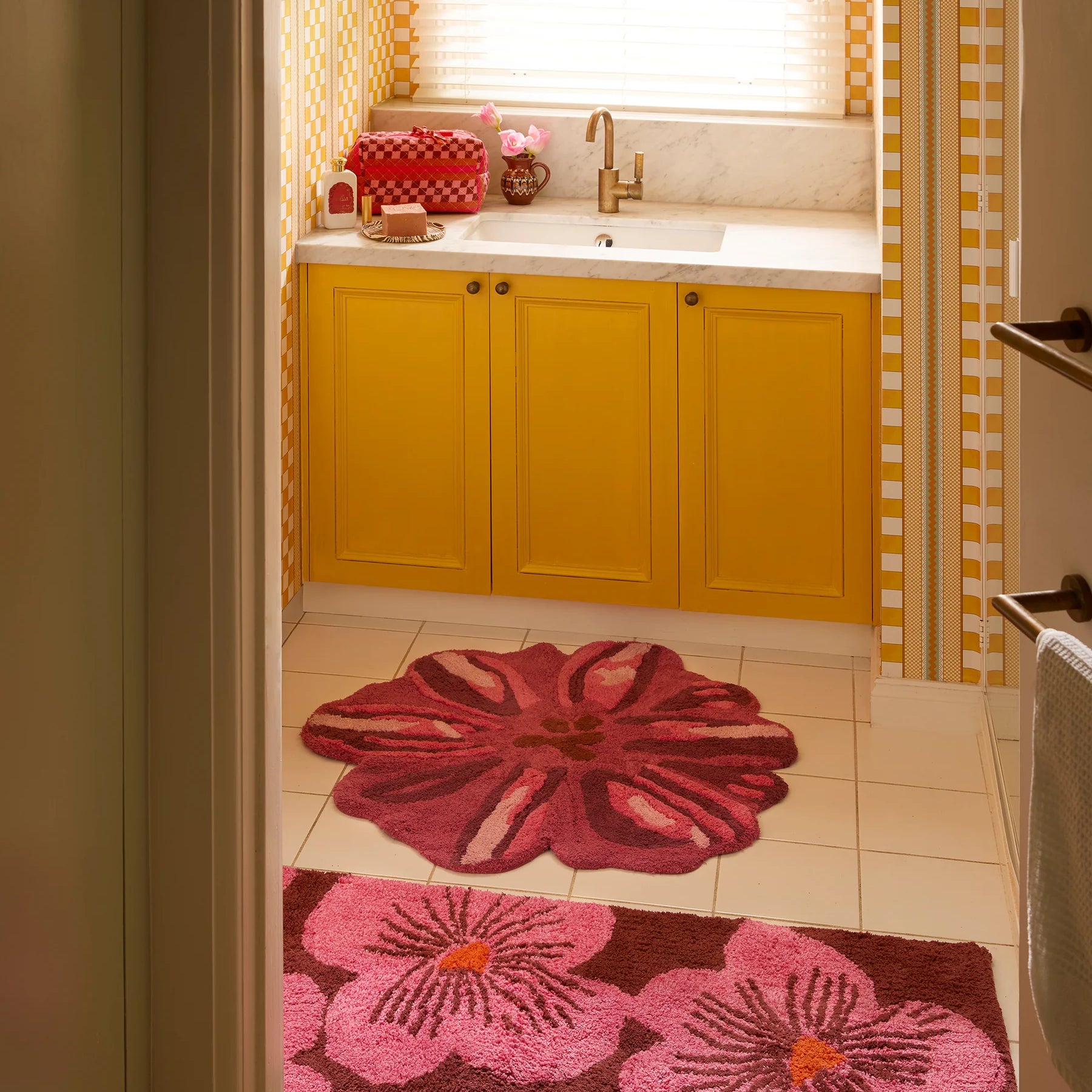 bathroom with Meadow pink bath mat By Bonnie & Neil