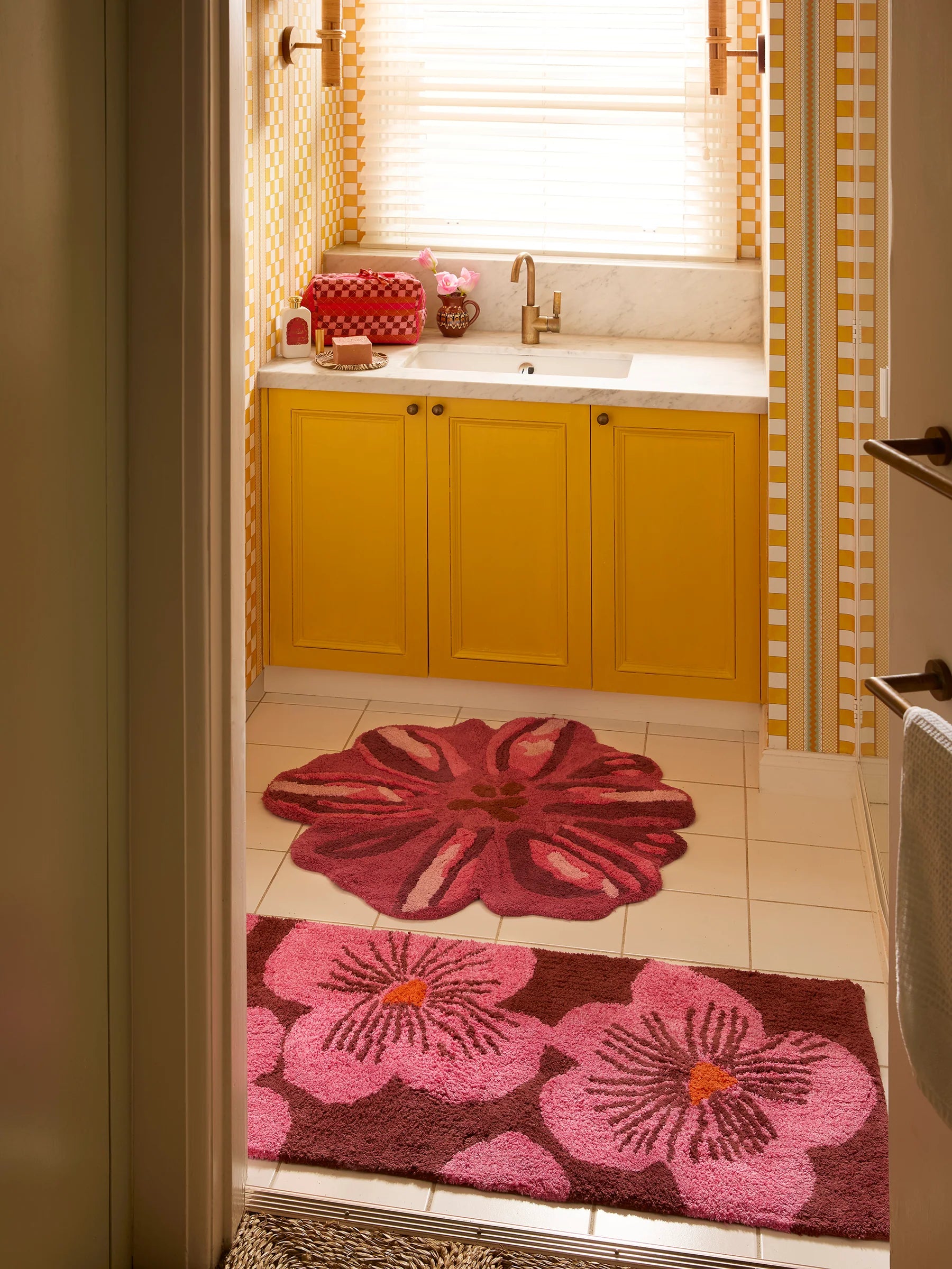 bathroom with Meadow pink bath mat By Bonnie & Neil
