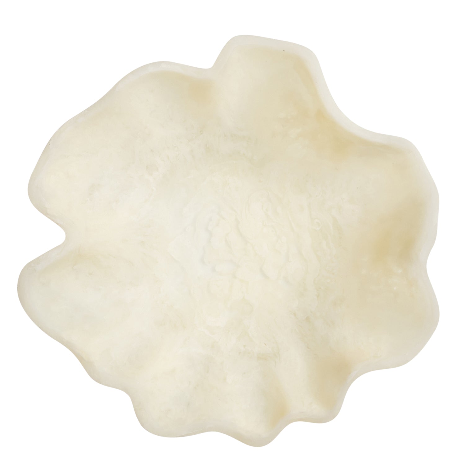 Overhead view of empty pearl ceramic bowl showing interior depth and scalloped edges