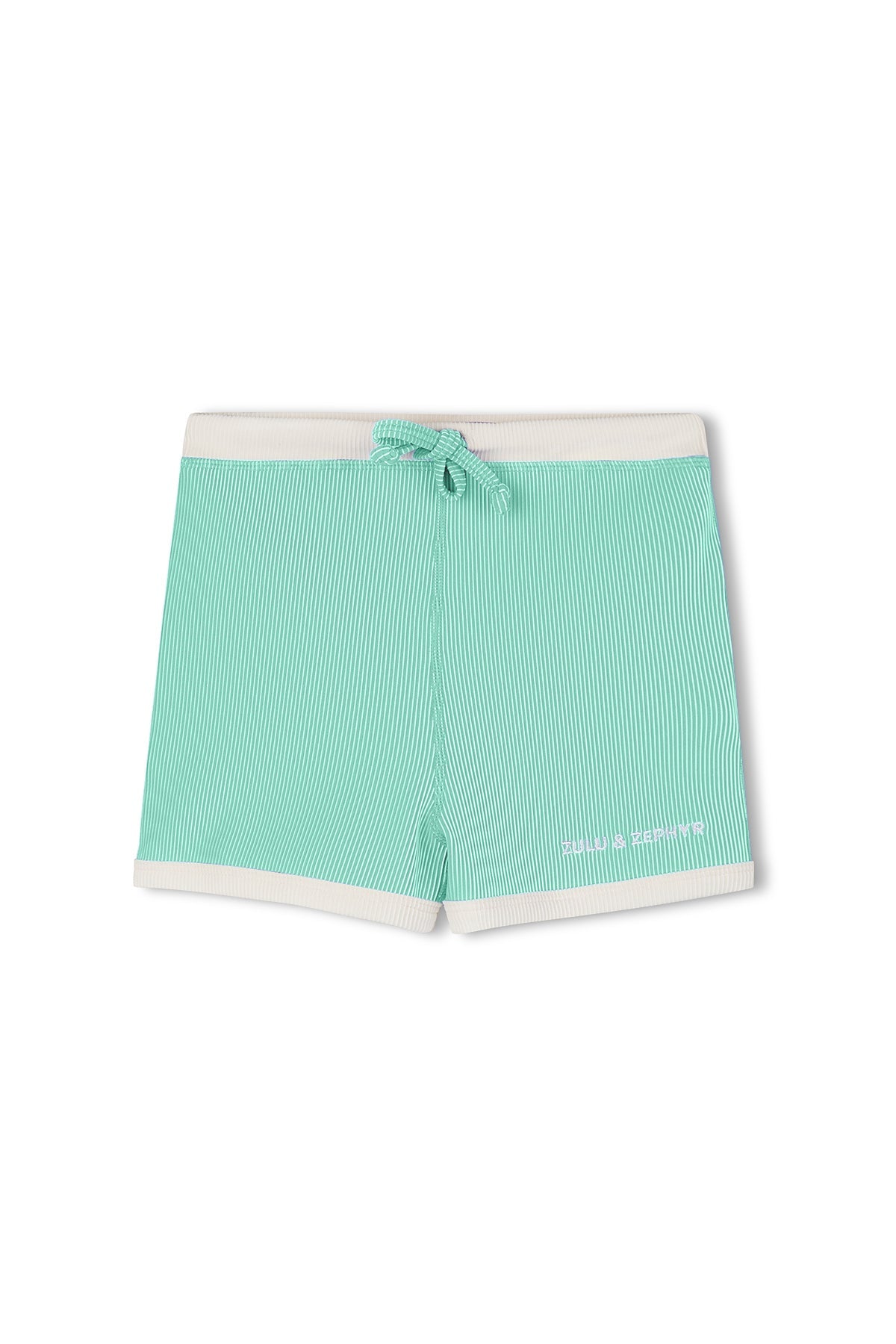 Front view of kids aqua and white mini stripe surf shorts with drawstring waist and contrast trim