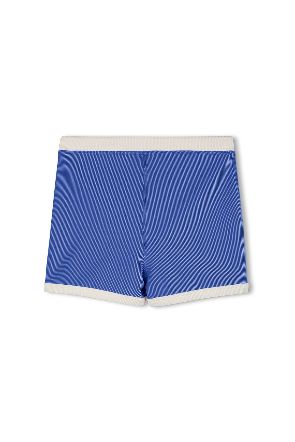 Blue and white mini stripe kids surf shorts with cream waistband, back view flat lay