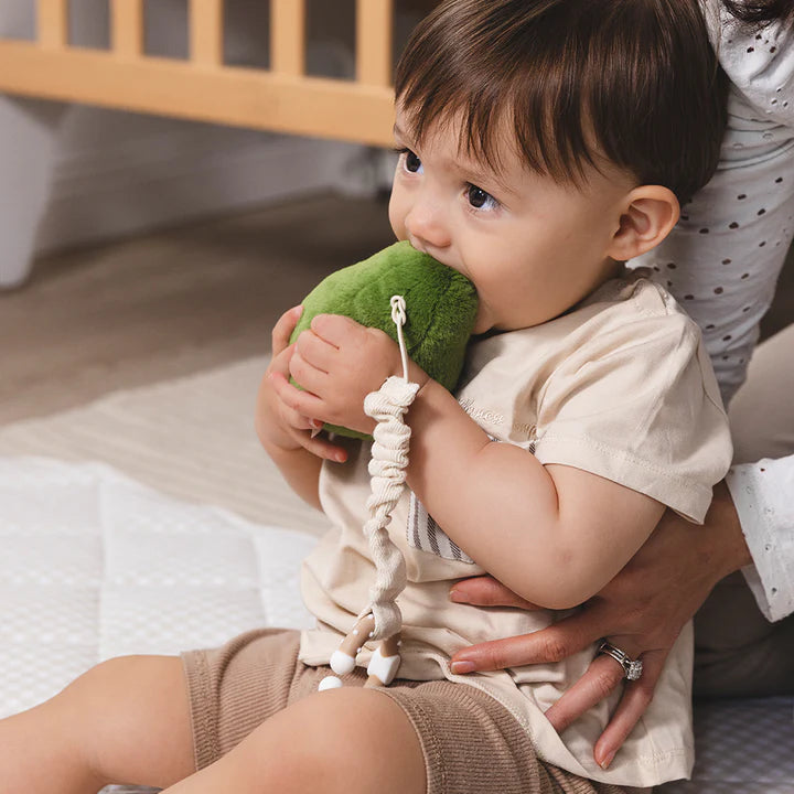 baby chewing on stroller toy
