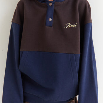 Front view of boy wearing the Mio Hoodie - Navy | Juni