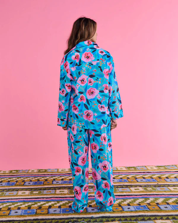 back view of model wearing Morning harvest organic cotton long sleeve shirt & pant pyjama set by Kip & Co