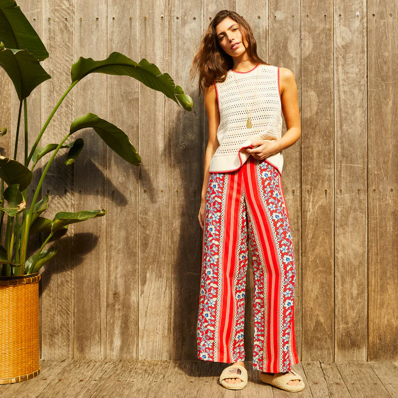 Natalina Knit Top - Pearl by Sage & Clare - cream mesh knit top with red detailing around neckline and armholes