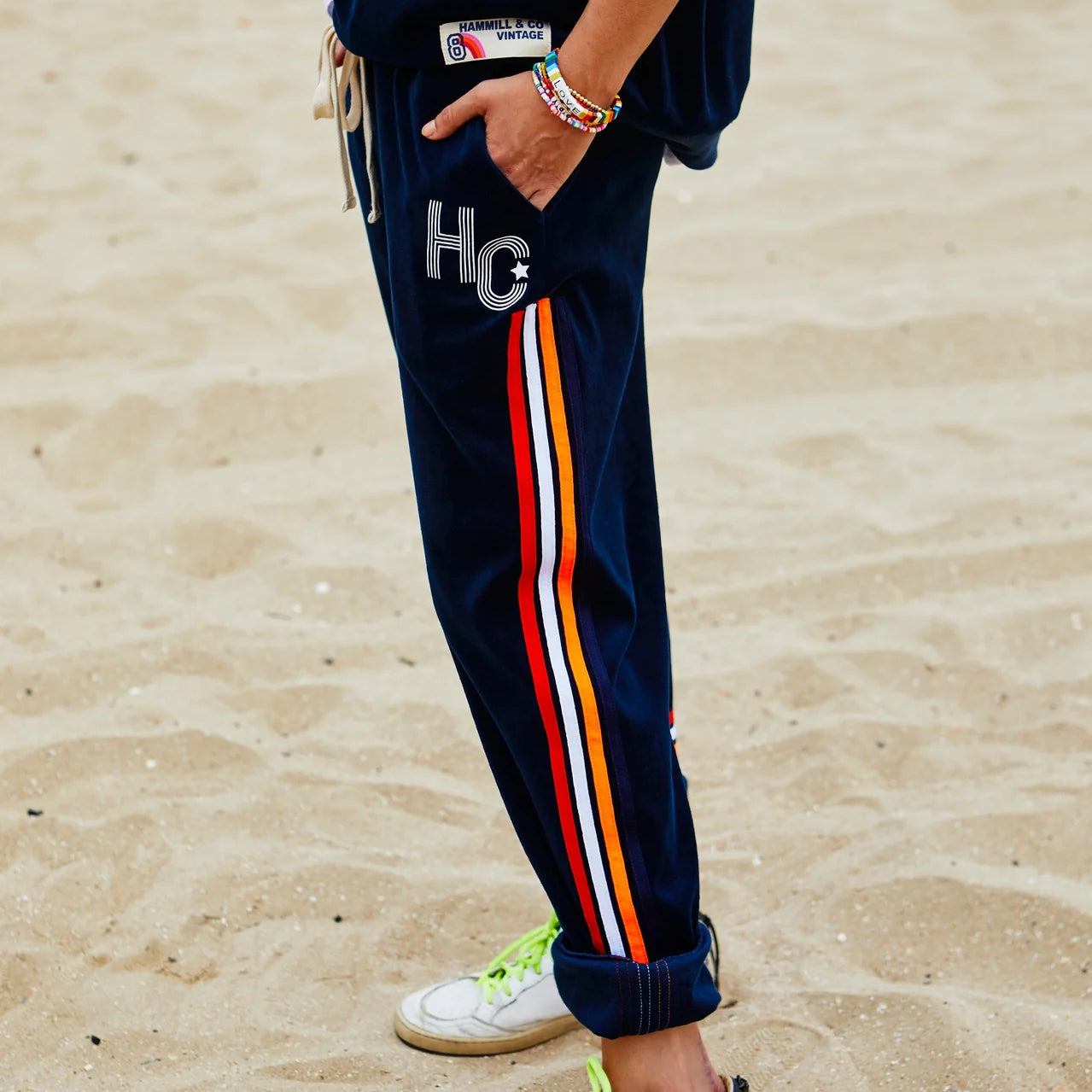 Retro 76 Navy Velour Track Pant by Hammill & Co side details