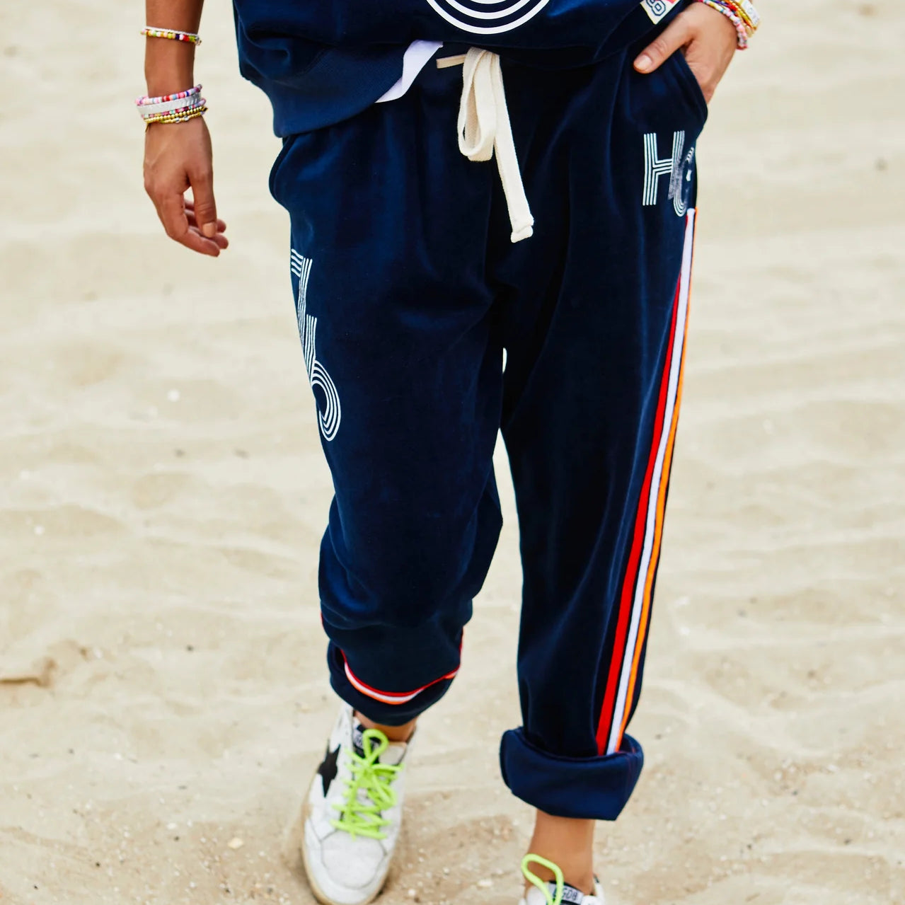 Retro 76 Navy Velour Track Pant by Hammill & Co close up of fabric