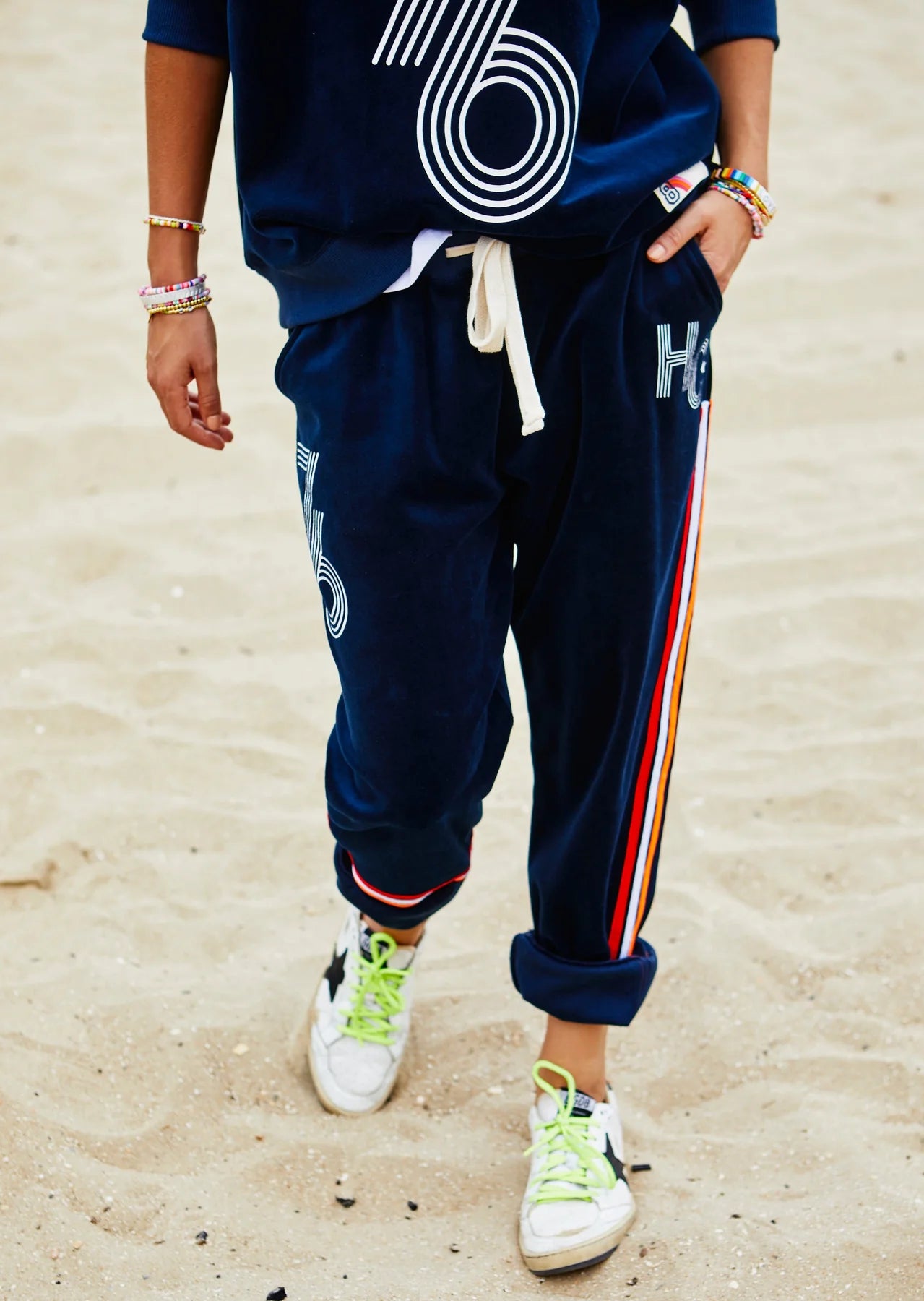 Retro 76 Navy Velour Track Pant by Hammill & Co close up of fabric