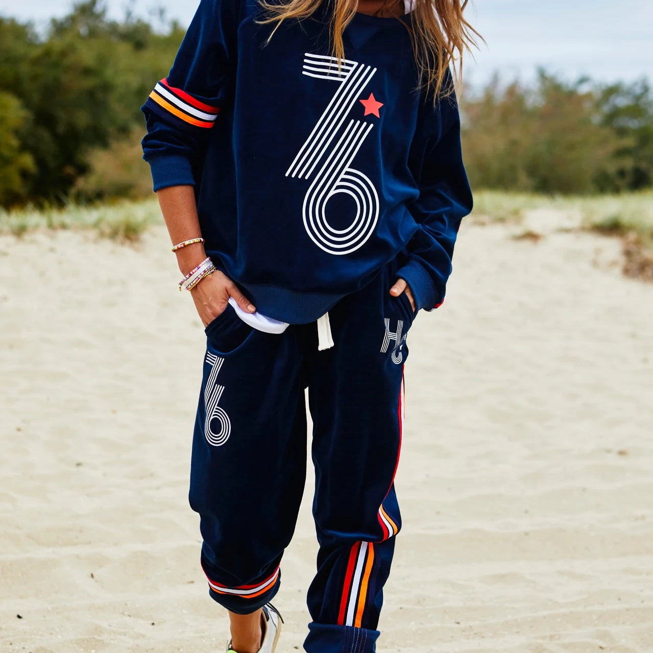 Retro 76 Navy Velour Track Pant by Hammill & Co with matching sweater