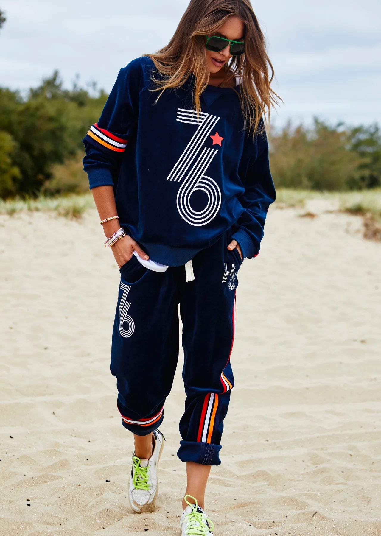 Retro 76 Navy Velour Track Pant by Hammill & Co with matching sweater