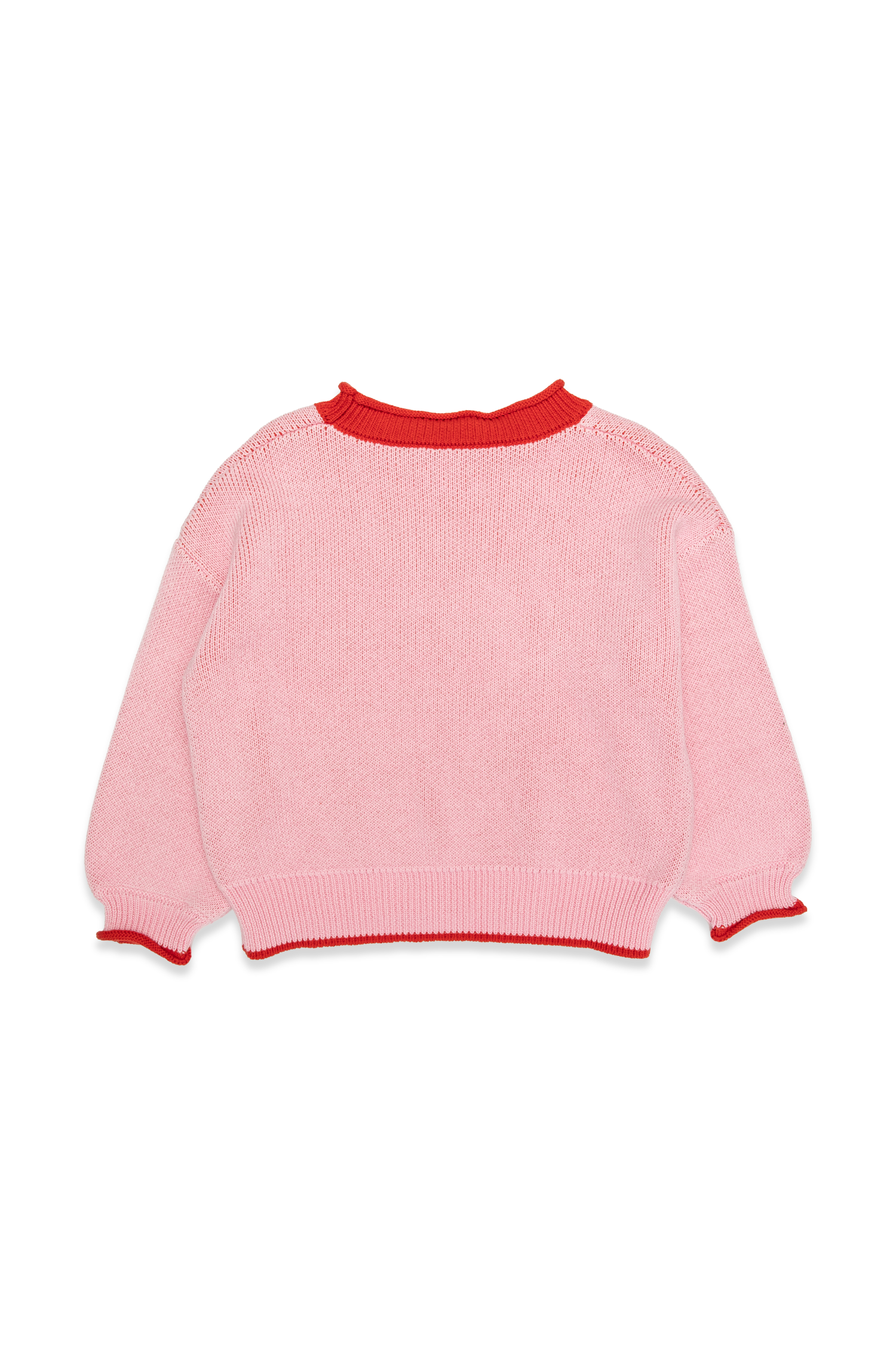 Back view of pink Neve Knit sweater showing plain reverse side with red contrast neckline