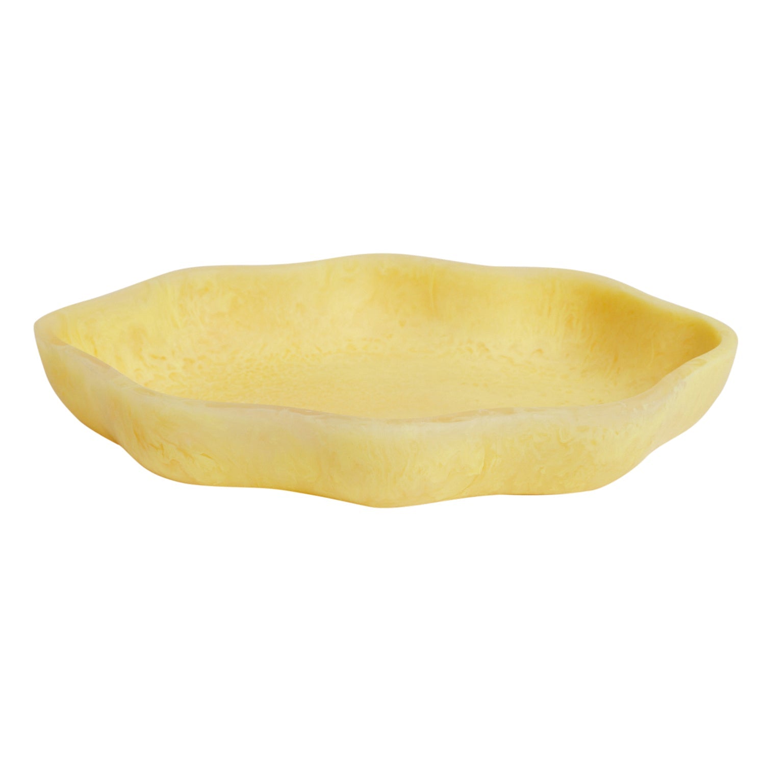Nicole Serving Dish in Aspen Gold — low shallow bowl with irregular wavy rim and mottled resin texture, side view