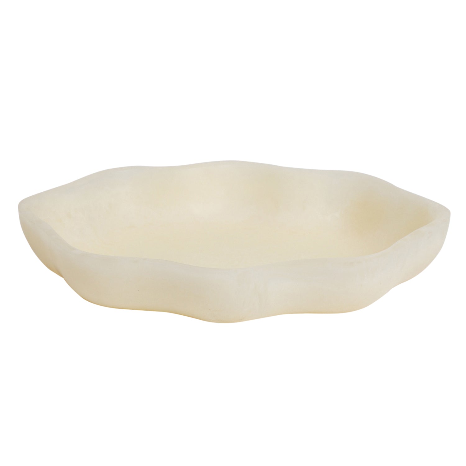 Nicole Serving Dish in Pearl — shallow organic-shaped dish with undulating rim and smooth creamy finish, side view