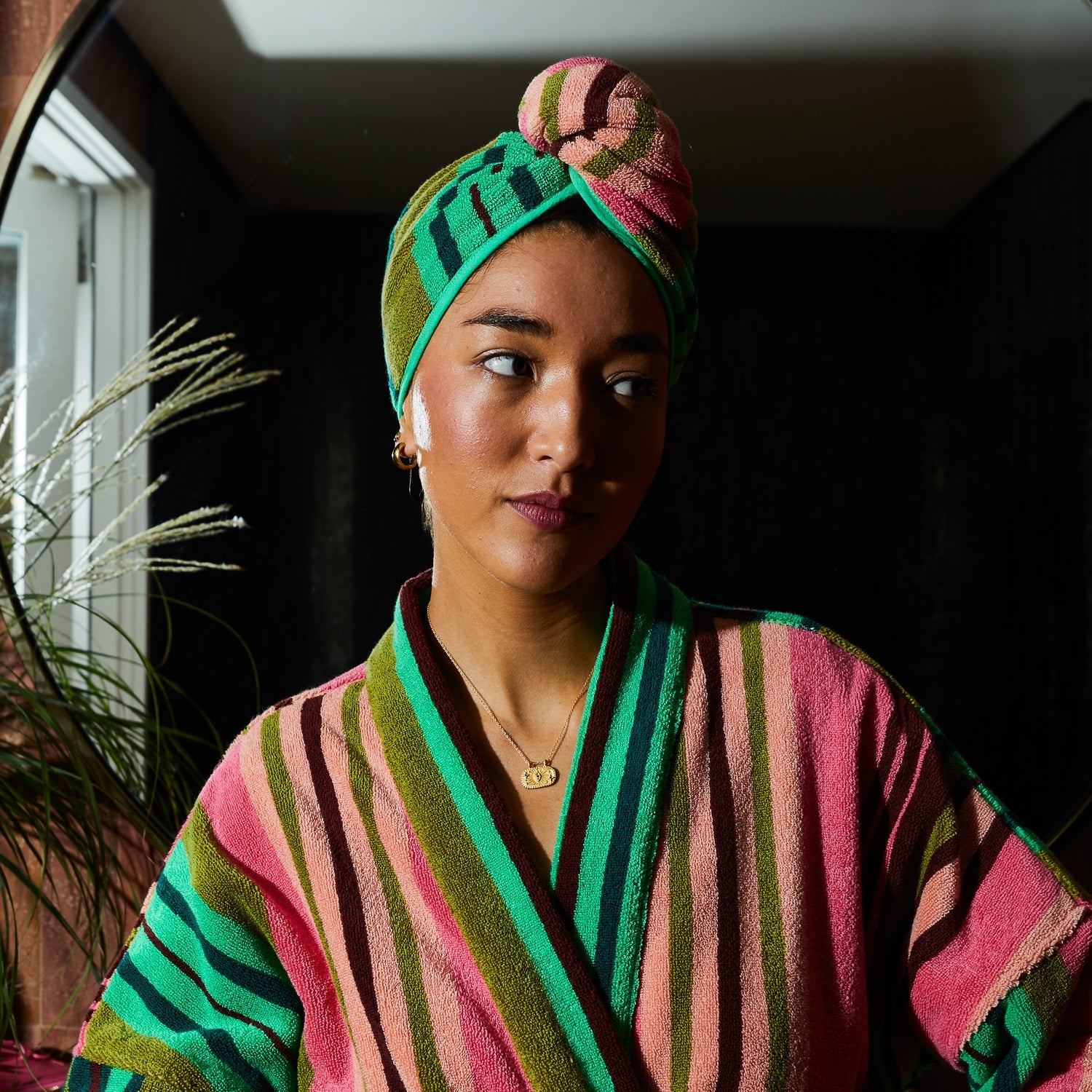 Soft terry cotton fabric detail showing luxurious texture of hair wrap