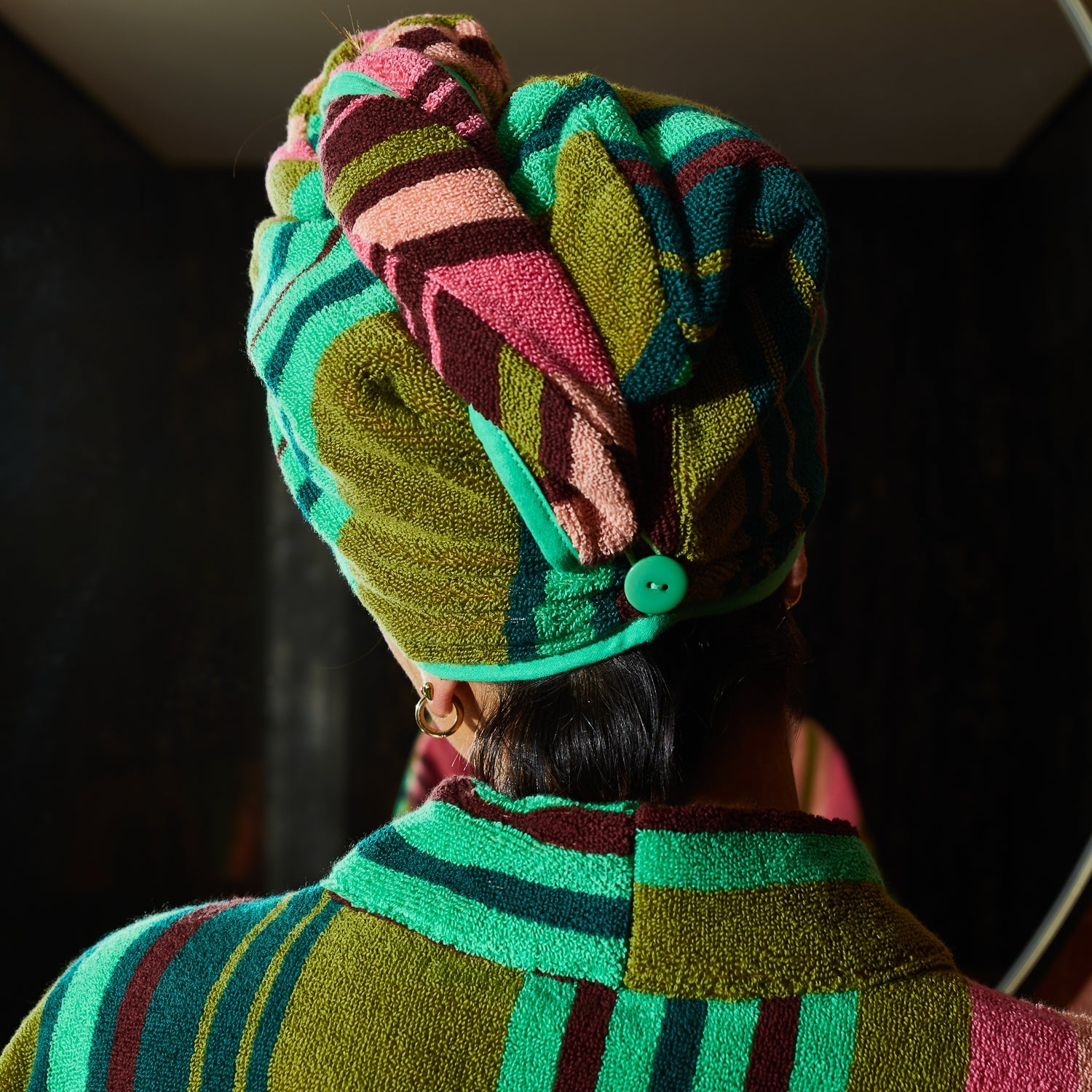 Secure button fastening system on Sage & Clare terry towelling hair wrap