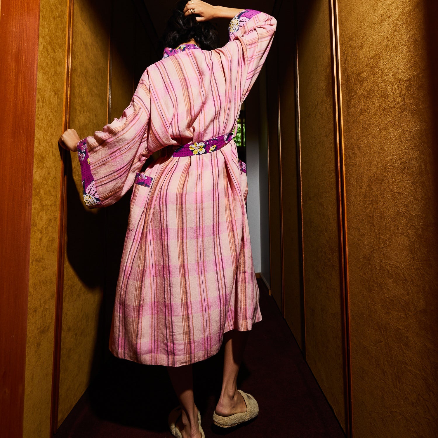 Back view of Nicolette Linen Robe showing wide kimono sleeves and pink striped pattern details