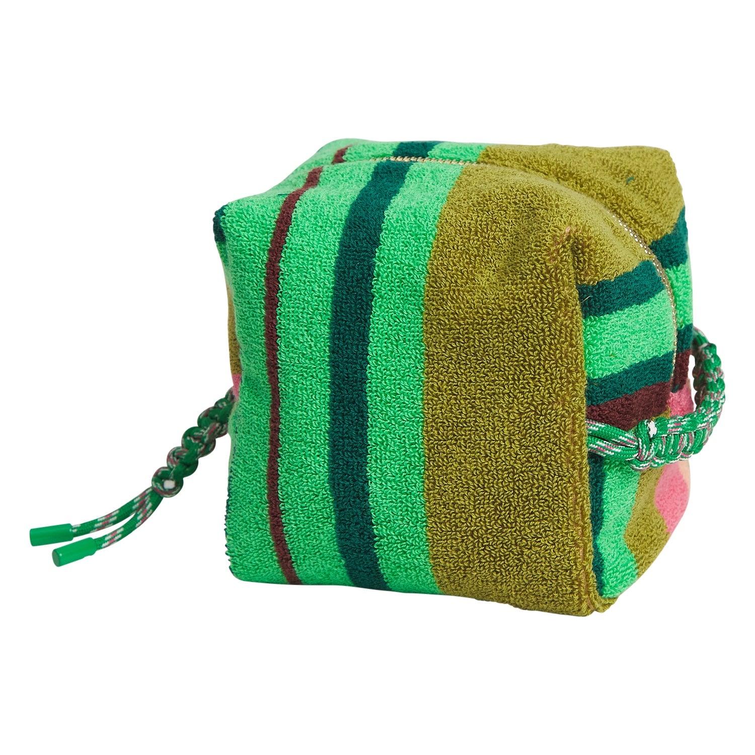 Nicolette Terry Pouch in Juniper colorway showing vibrant green striped pattern with olive and pink accents