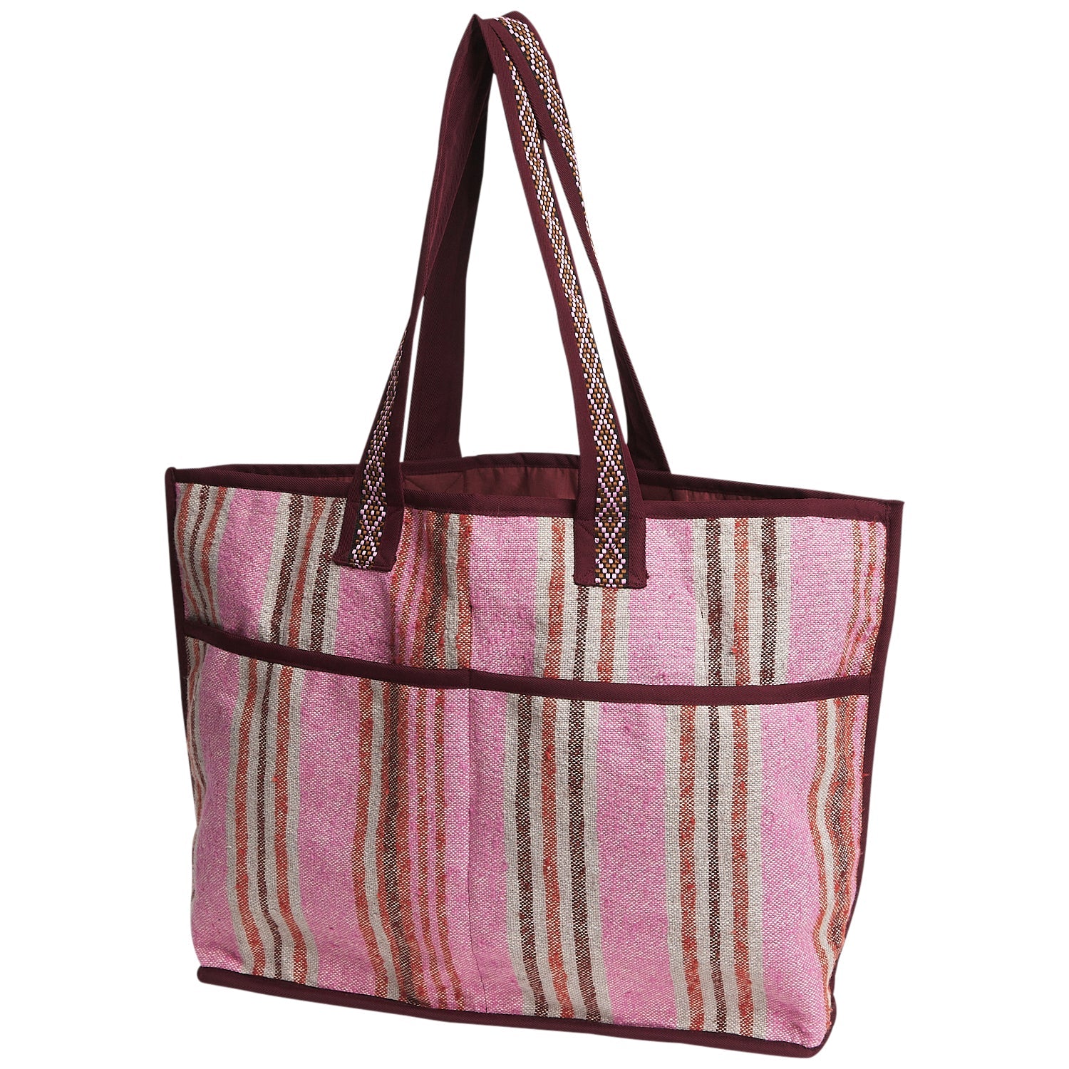 Product view of Nicolette Woven Tote Bag showing pink striped woven fabric and burgundy handles