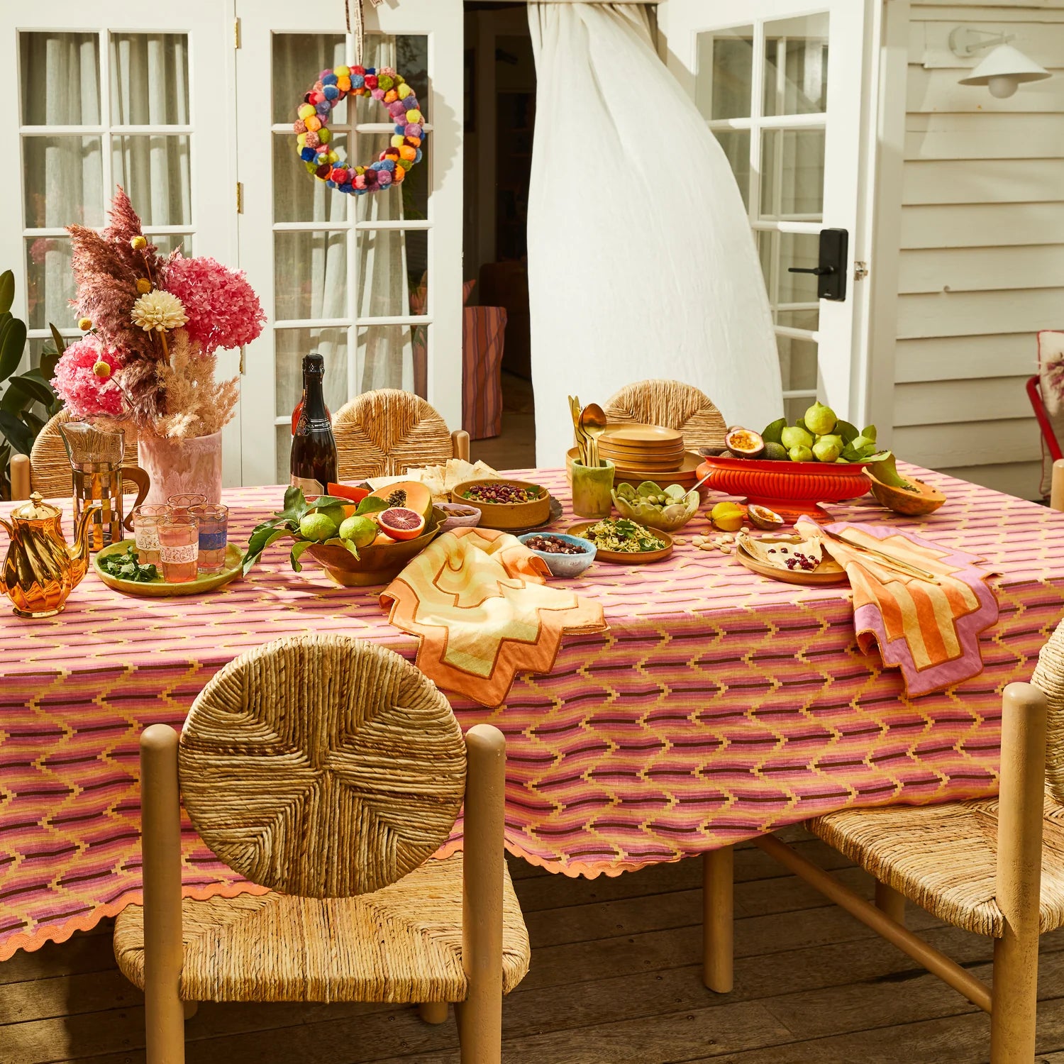 pink and brown tablecloth in linen with geometric patterns by Sage and Clare