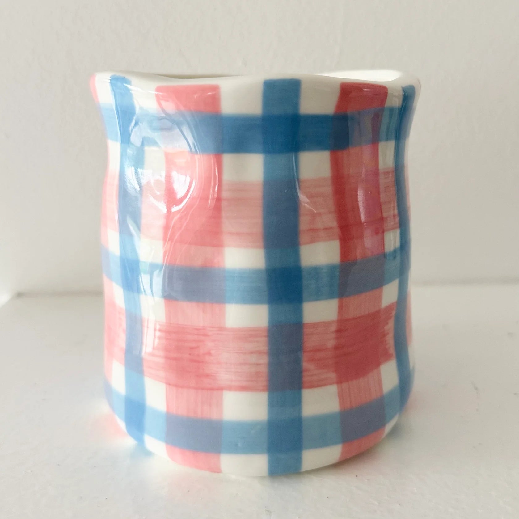 Pink and Cornflower Blue gingham print candle